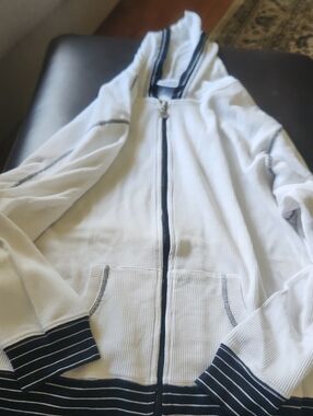 White Waffle Knit Full Zip Hoodie Contrast Black Striped Cuffs Plus Size 2X